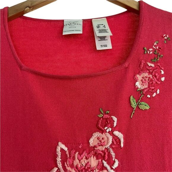 Vintage Emma James Liz Claiborne Embroidered Rose Short Sleeve Sweater Petite SP - Picture 3 of 6
